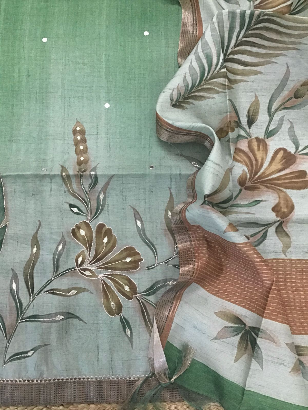 Soft Semi Tussar Silk Printed Embroidered Suit - Green