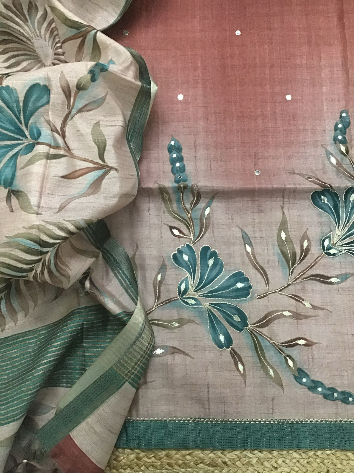 Soft Semi Tussar Silk Printed Embroidered Suit - Brick Red