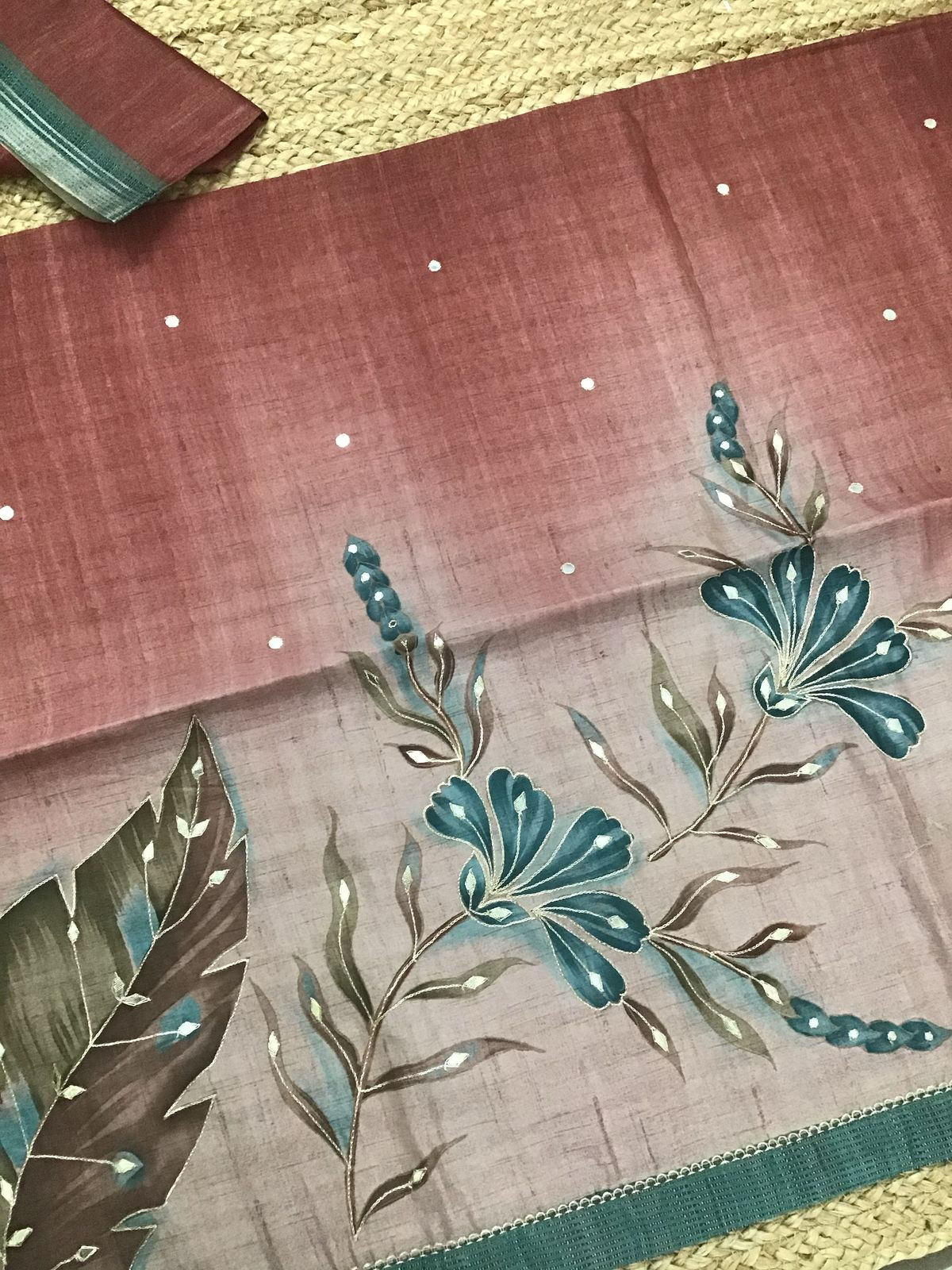 Soft Semi Tussar Silk Printed Embroidered Suit - Brick Red