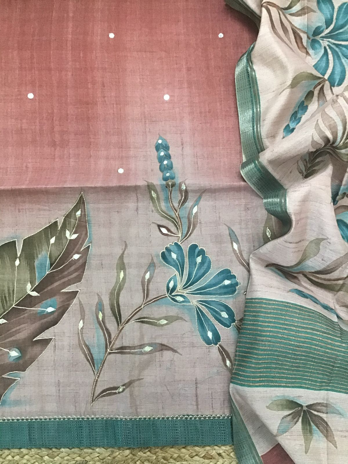 Soft Semi Tussar Silk Printed Embroidered Suit - Brick Red