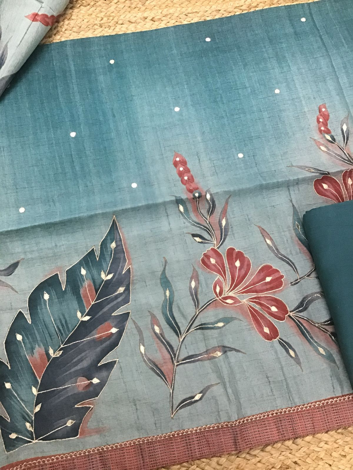 Soft Semi Tussar Silk Printed Embroidered Suit - Blue