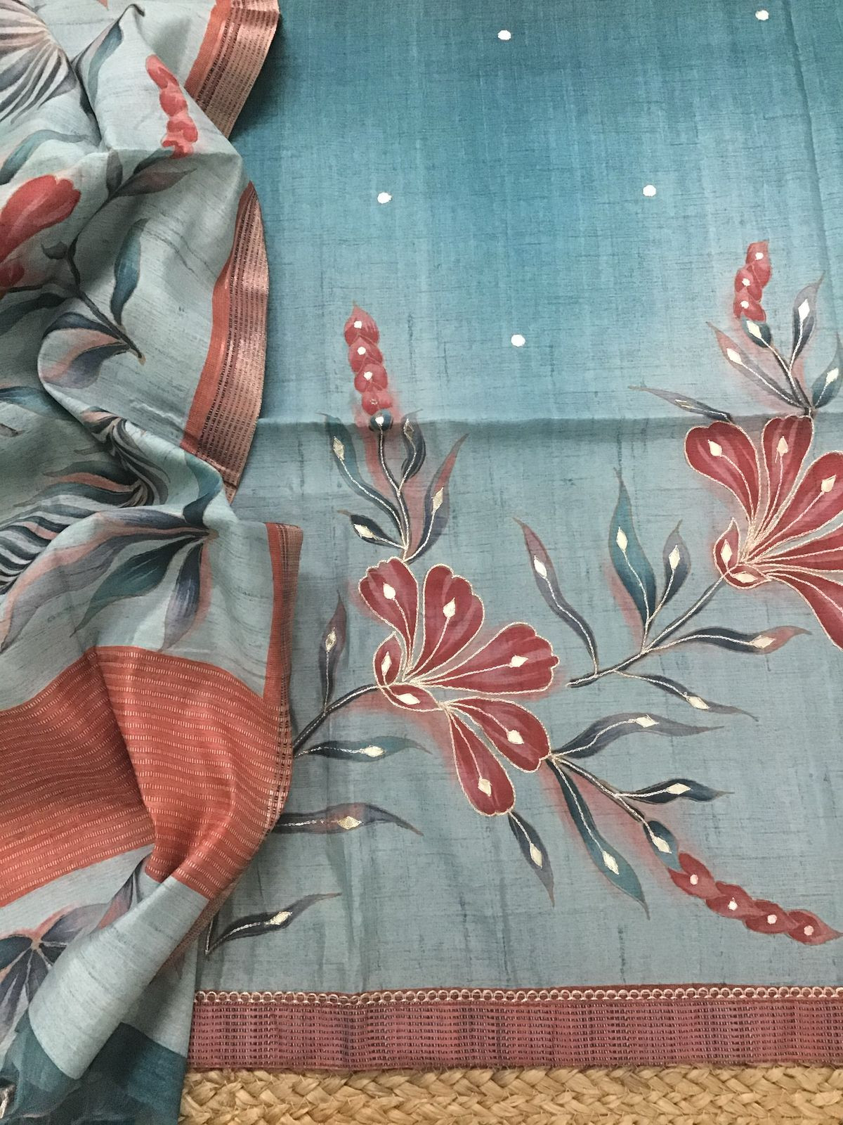 Soft Semi Tussar Silk Printed Embroidered Suit - Blue