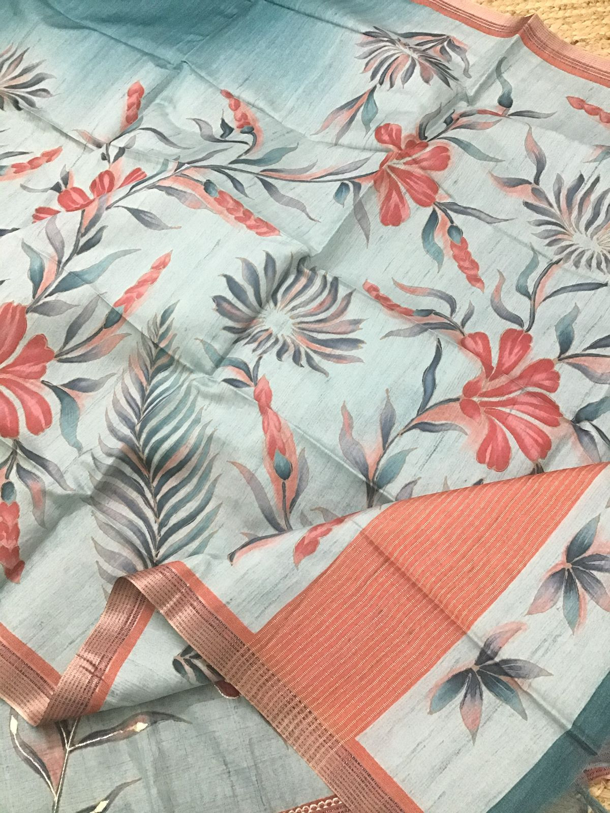 Soft Semi Tussar Silk Printed Embroidered Suit - Blue