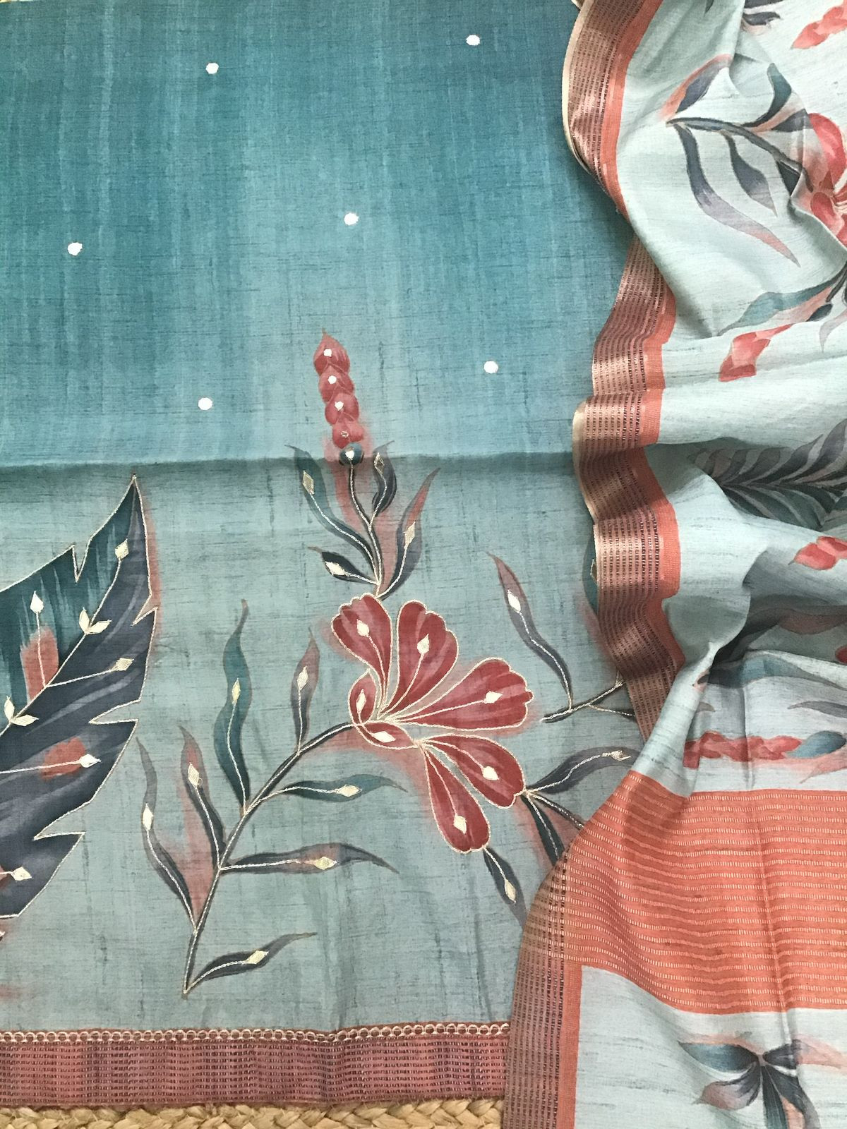 Soft Semi Tussar Silk Printed Embroidered Suit - Blue