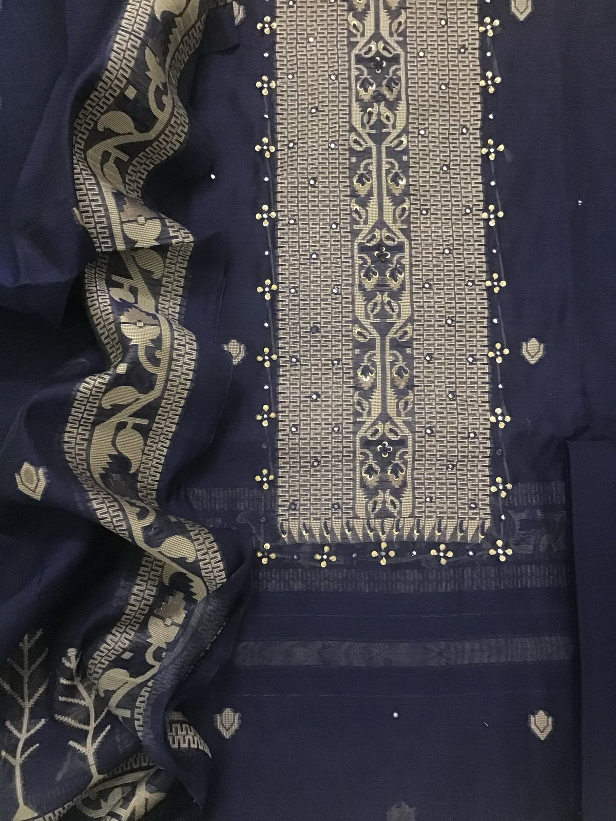 Soft Fine Slub Chanderi Jamdani Weaved Embroidered Suit - Blue