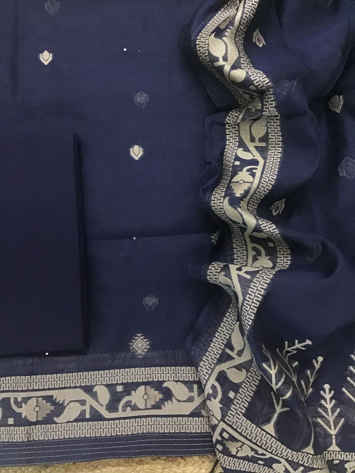 Soft Fine Slub Chanderi Jamdani Weaved Embroidered Suit - Blue
