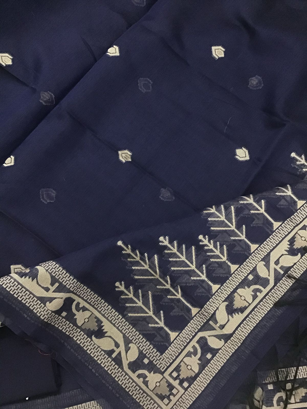 Soft Fine Slub Chanderi Jamdani Weaved Embroidered Suit - Blue