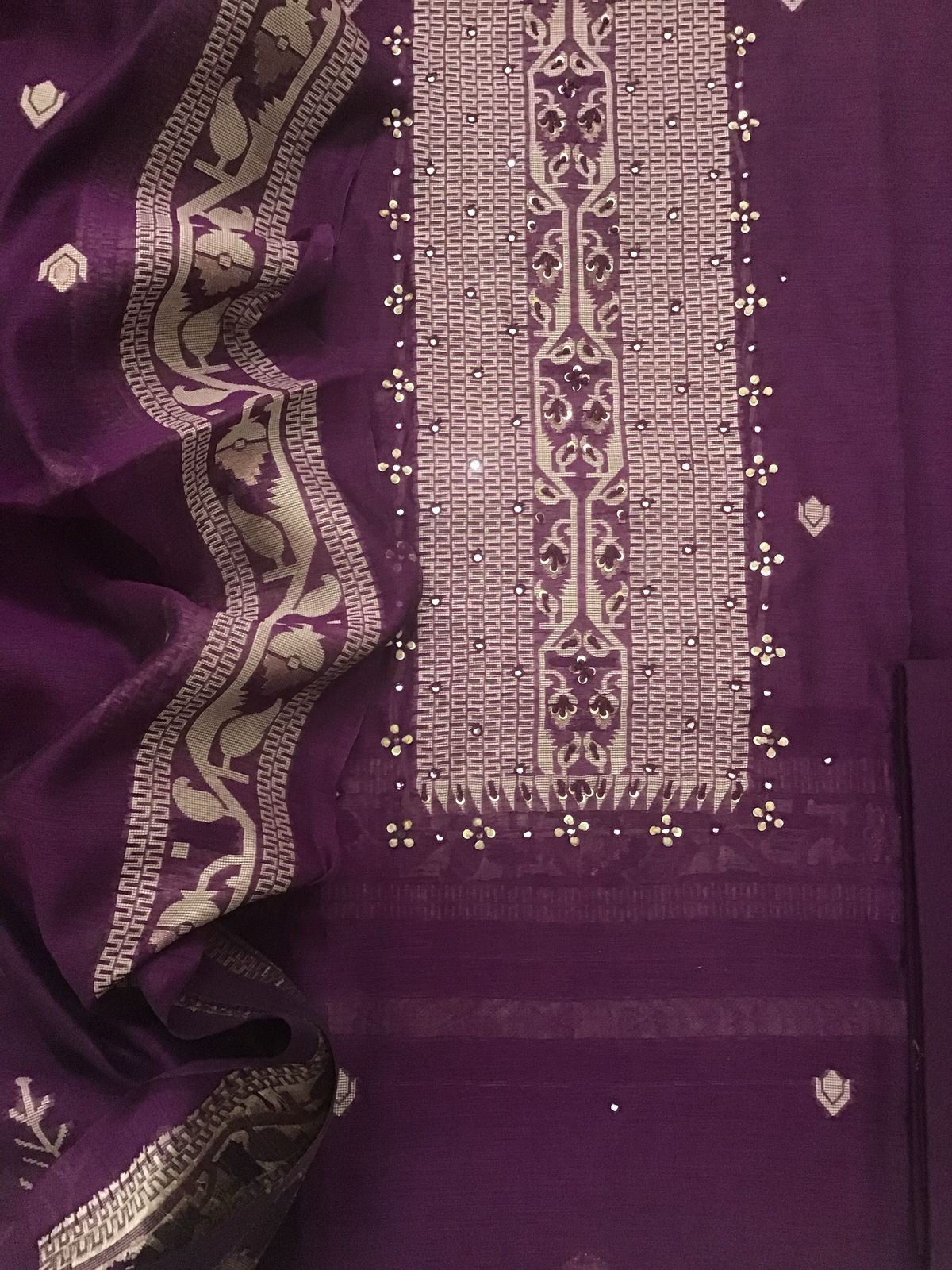Soft Fine Slub Chanderi Jamdani Weaved Embroidered Suit - Purple