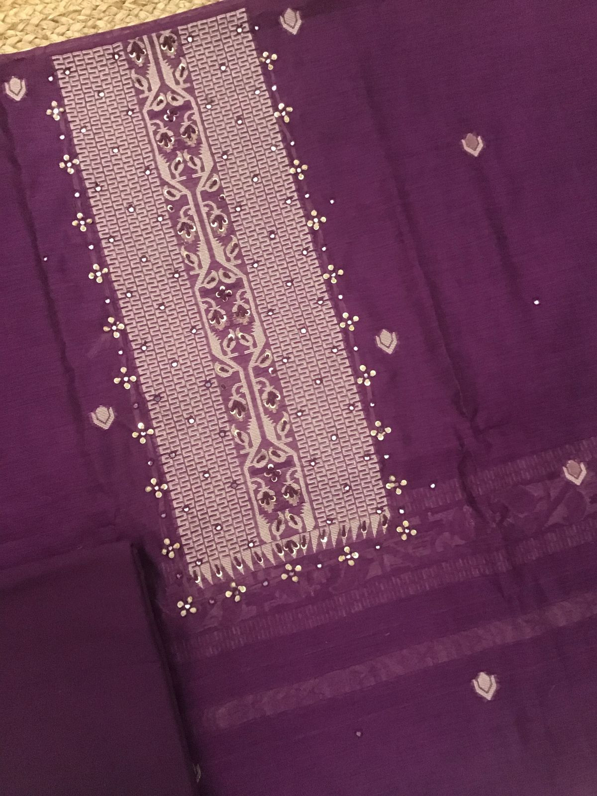Soft Fine Slub Chanderi Jamdani Weaved Embroidered Suit - Purple