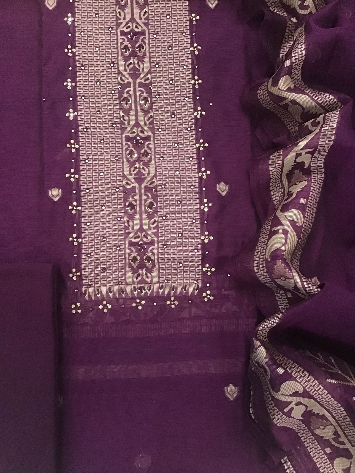 Soft Fine Slub Chanderi Jamdani Weaved Embroidered Suit - Purple