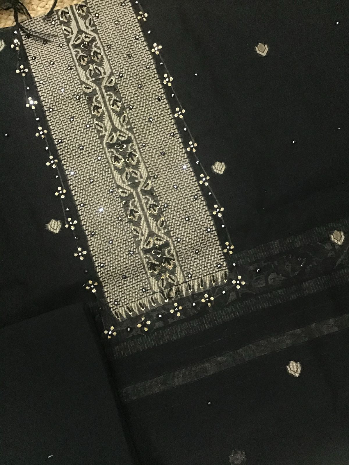 Soft Fine Slub Chanderi Jamdani Weaved Embroidered Suit - Black
