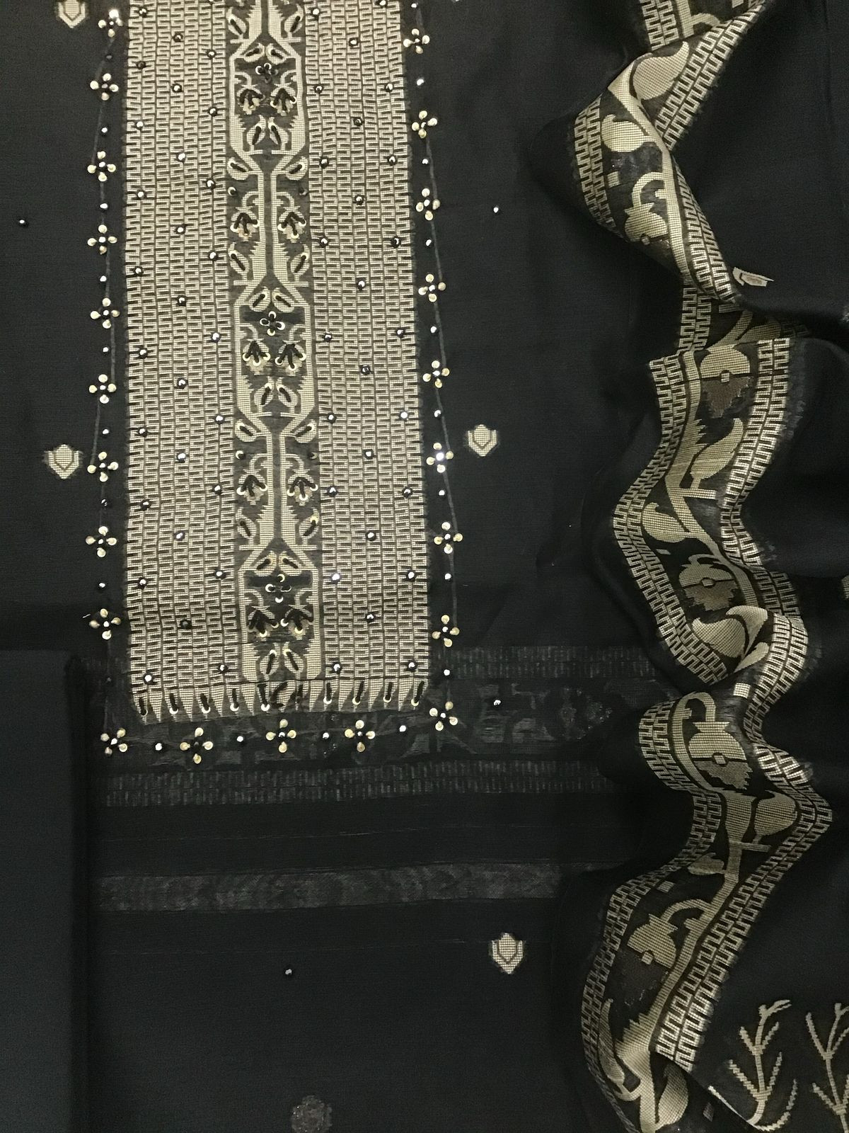 Soft Fine Slub Chanderi Jamdani Weaved Embroidered Suit - Black