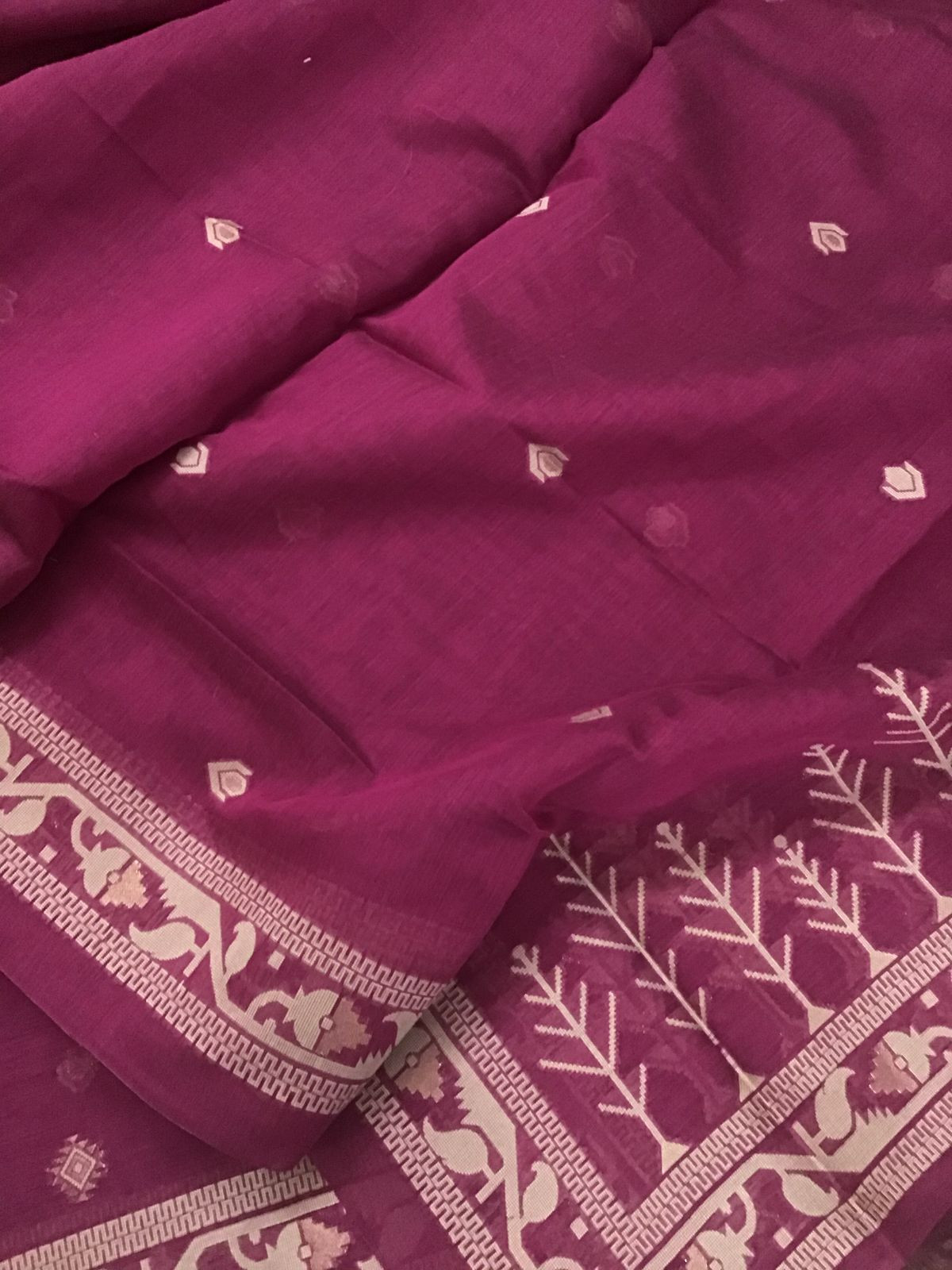 Soft Fine Slub Chanderi Jamdani Weaved Embroidered Suit - Dark Pink