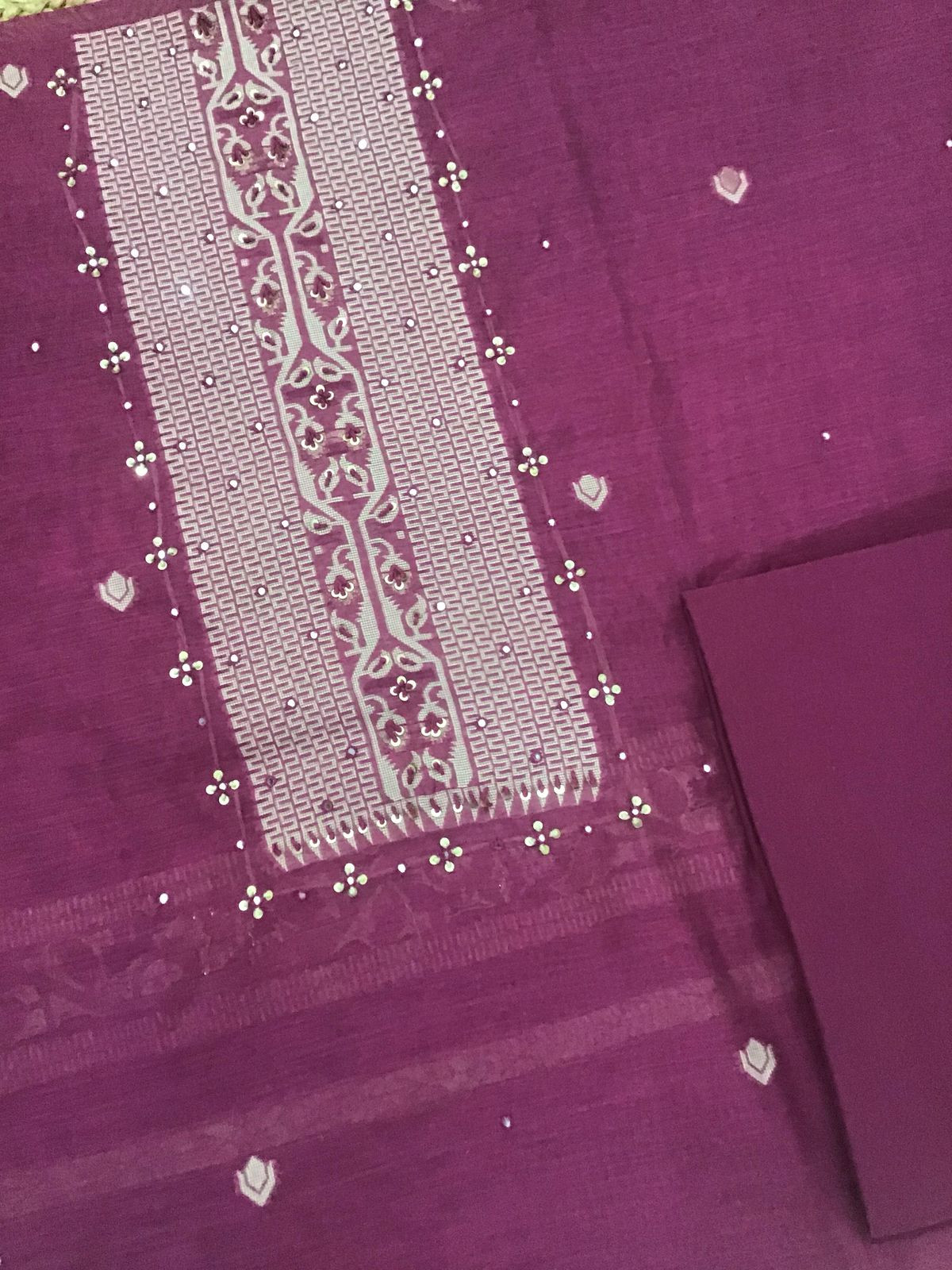 Soft Fine Slub Chanderi Jamdani Weaved Embroidered Suit - Dark Pink