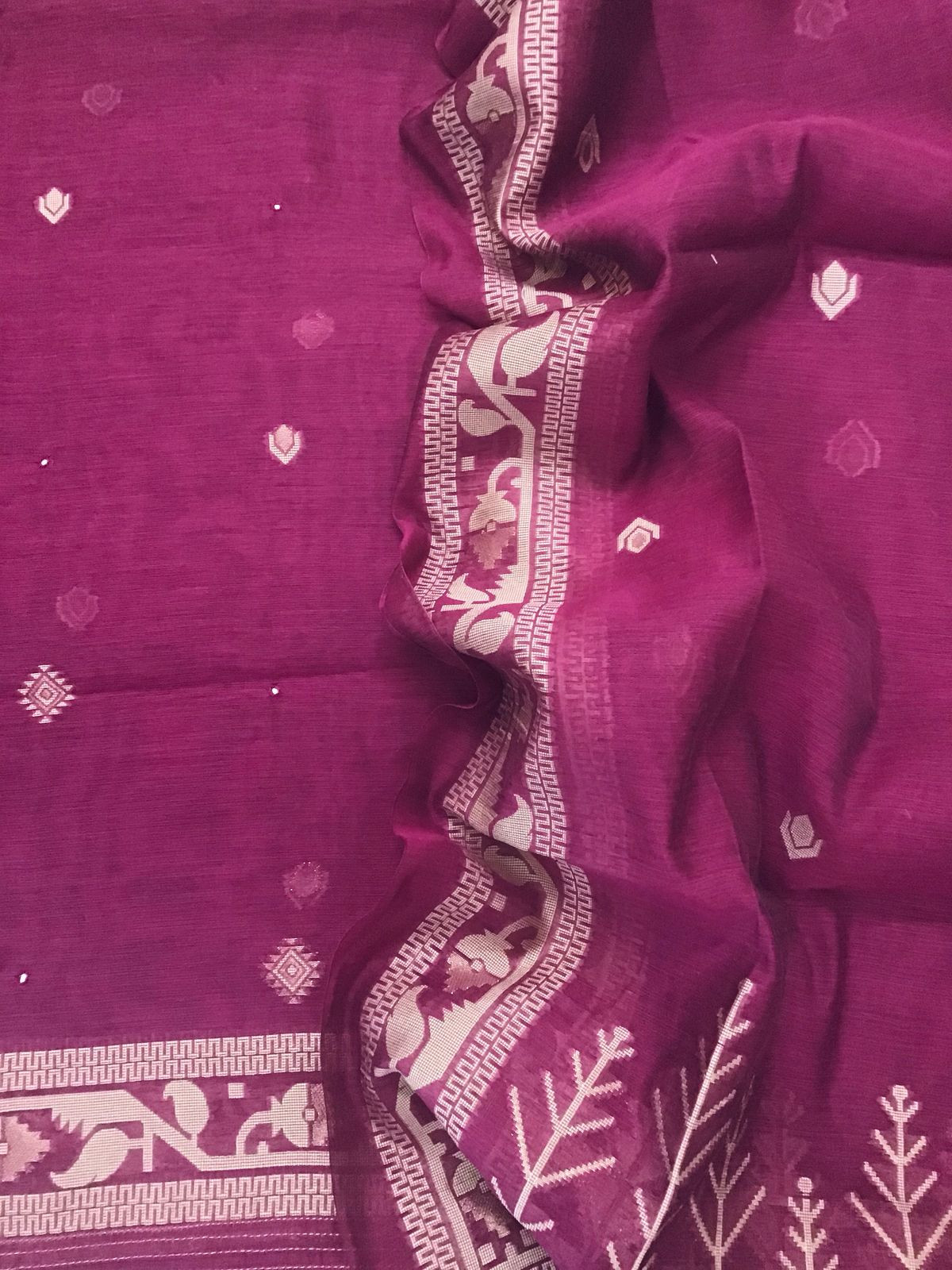 Soft Fine Slub Chanderi Jamdani Weaved Embroidered Suit - Dark Pink