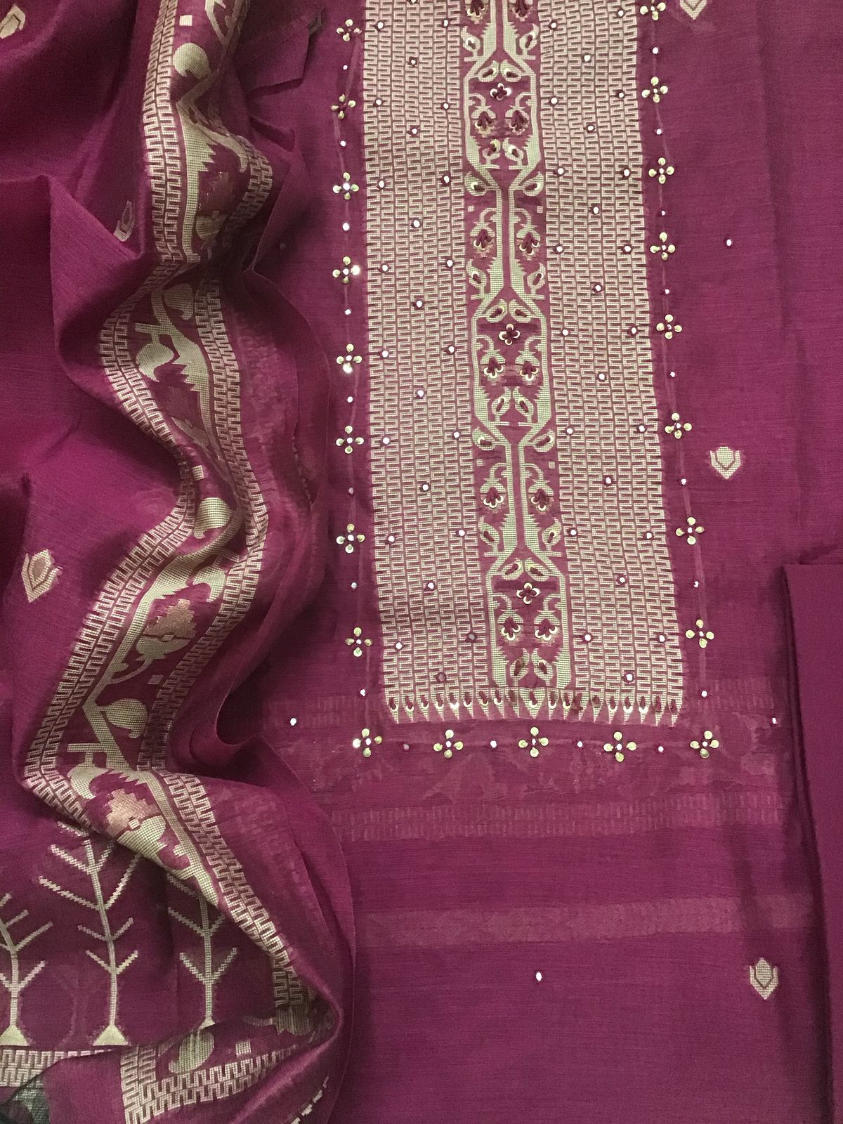 Soft Fine Slub Chanderi Jamdani Weaved Embroidered Suit - Dark Pink