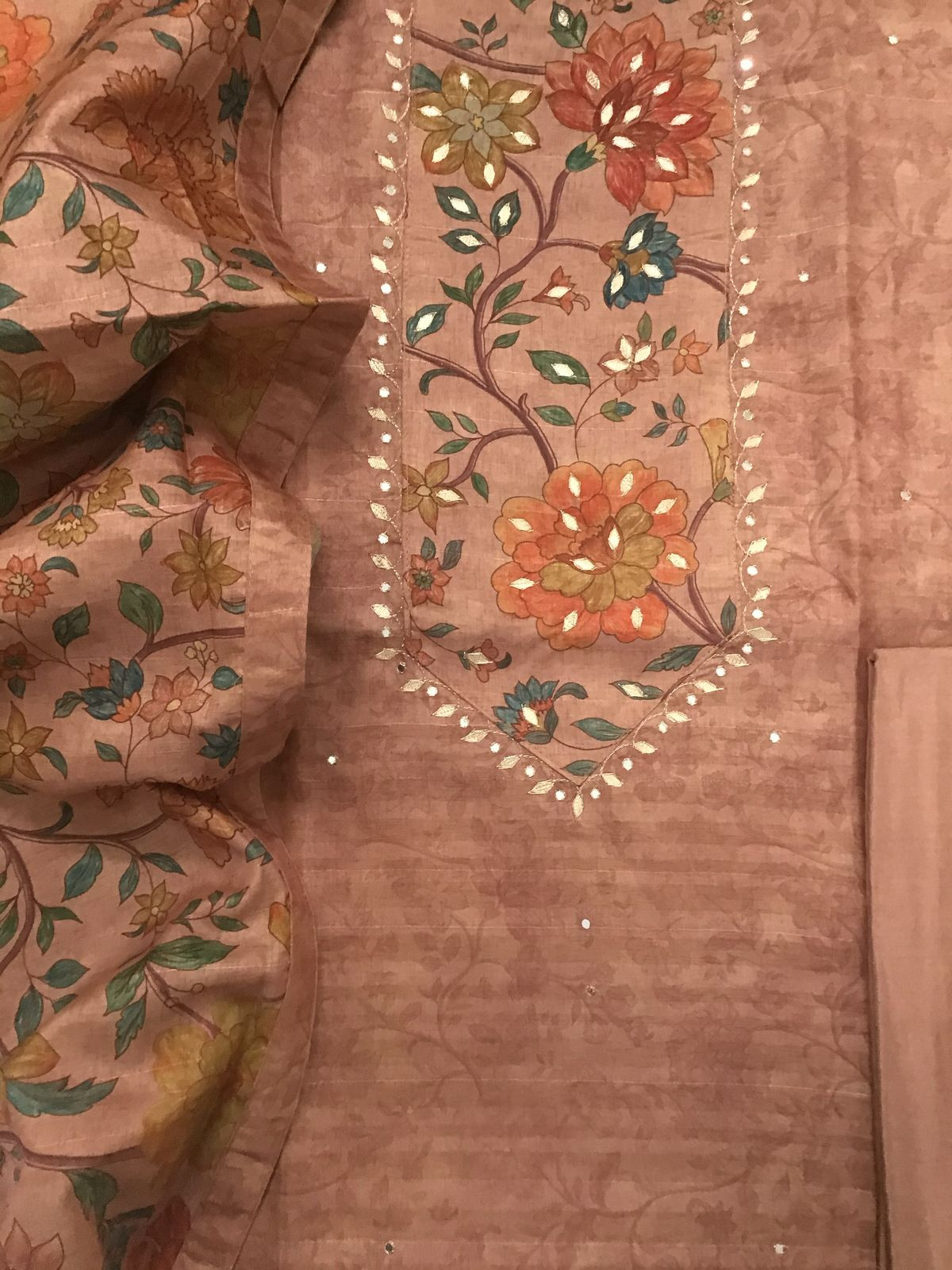 Soft Semi Tussar Silk Printed Embroidered Suit - Peach