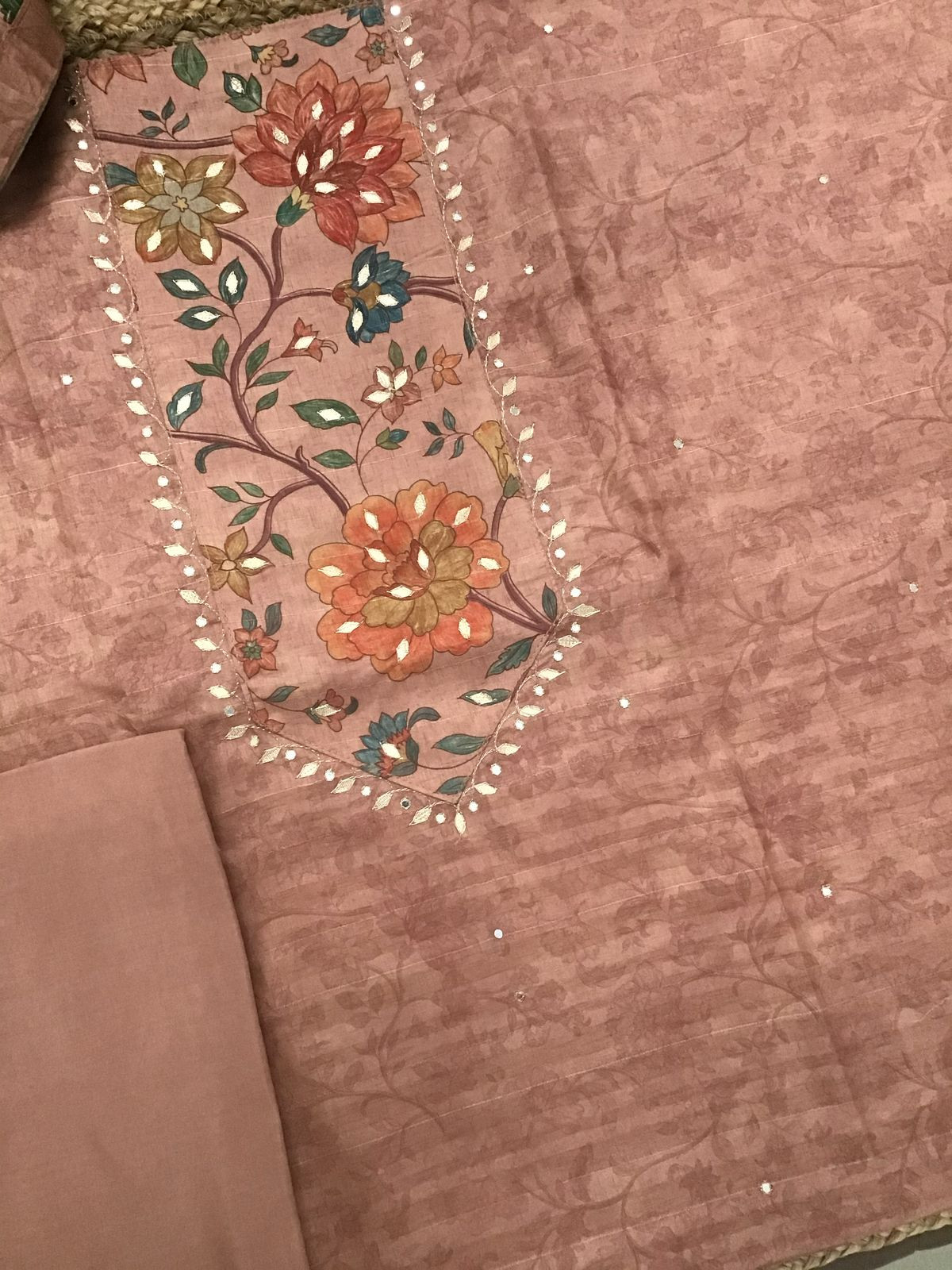 Soft Semi Tussar Silk Printed Embroidered Suit - Peach