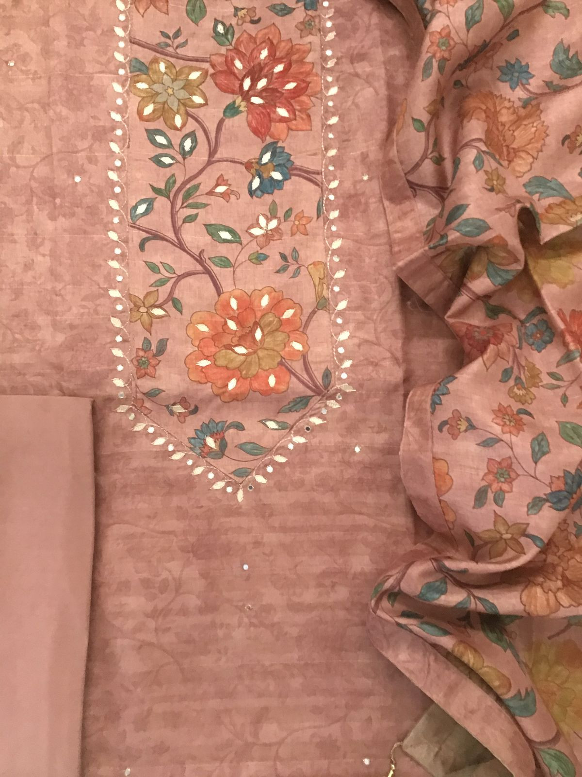 Soft Semi Tussar Silk Printed Embroidered Suit - Peach