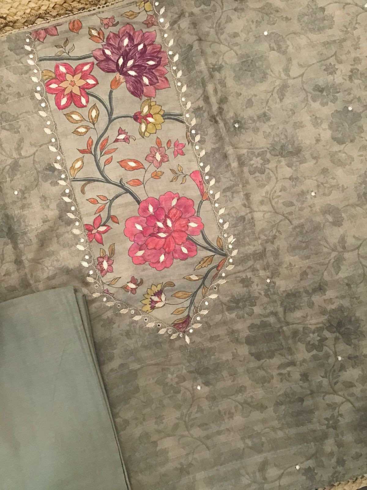 Soft Semi Tussar Silk Printed Embroidered Suit - Beige