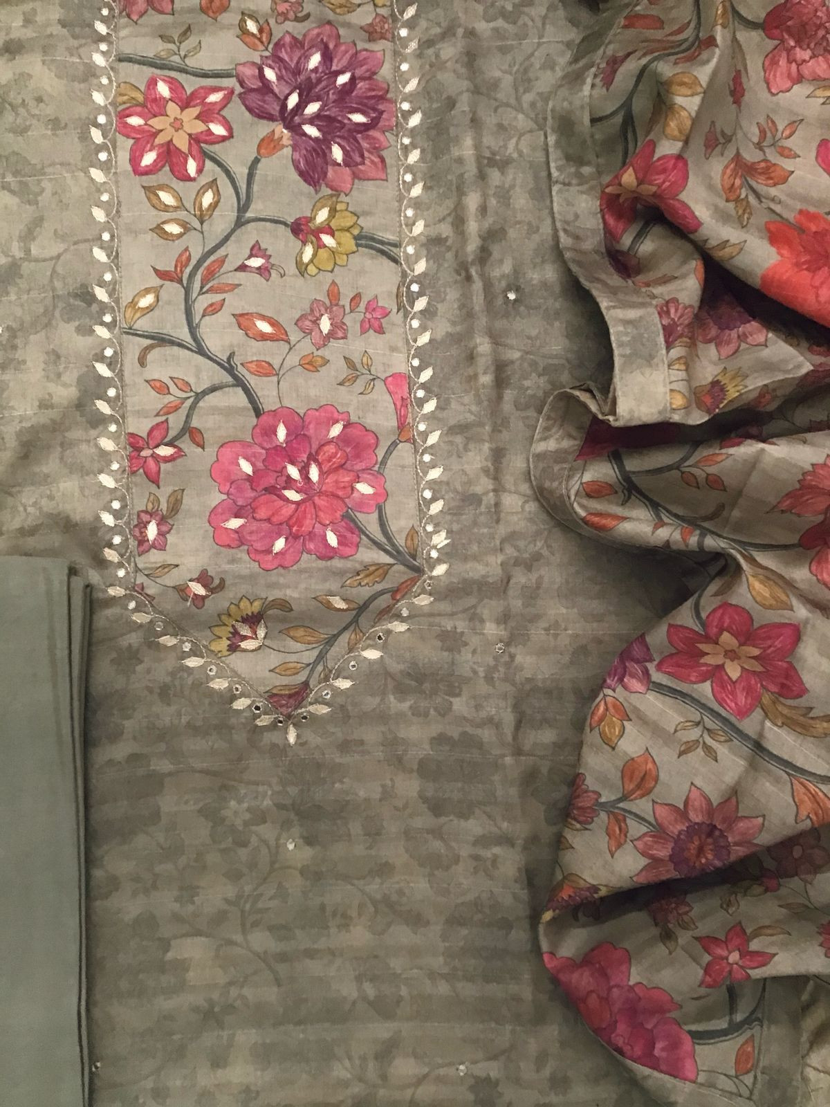 Soft Semi Tussar Silk Printed Embroidered Suit - Beige