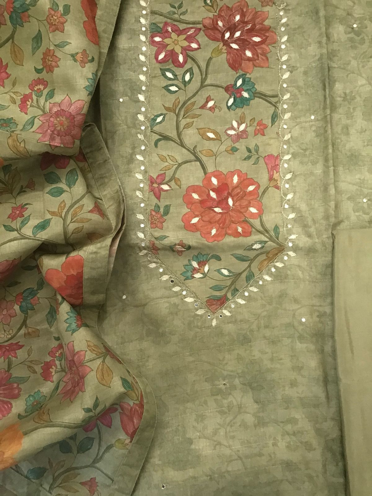 Soft Semi Tussar Silk Printed Embroidered Suit - Green