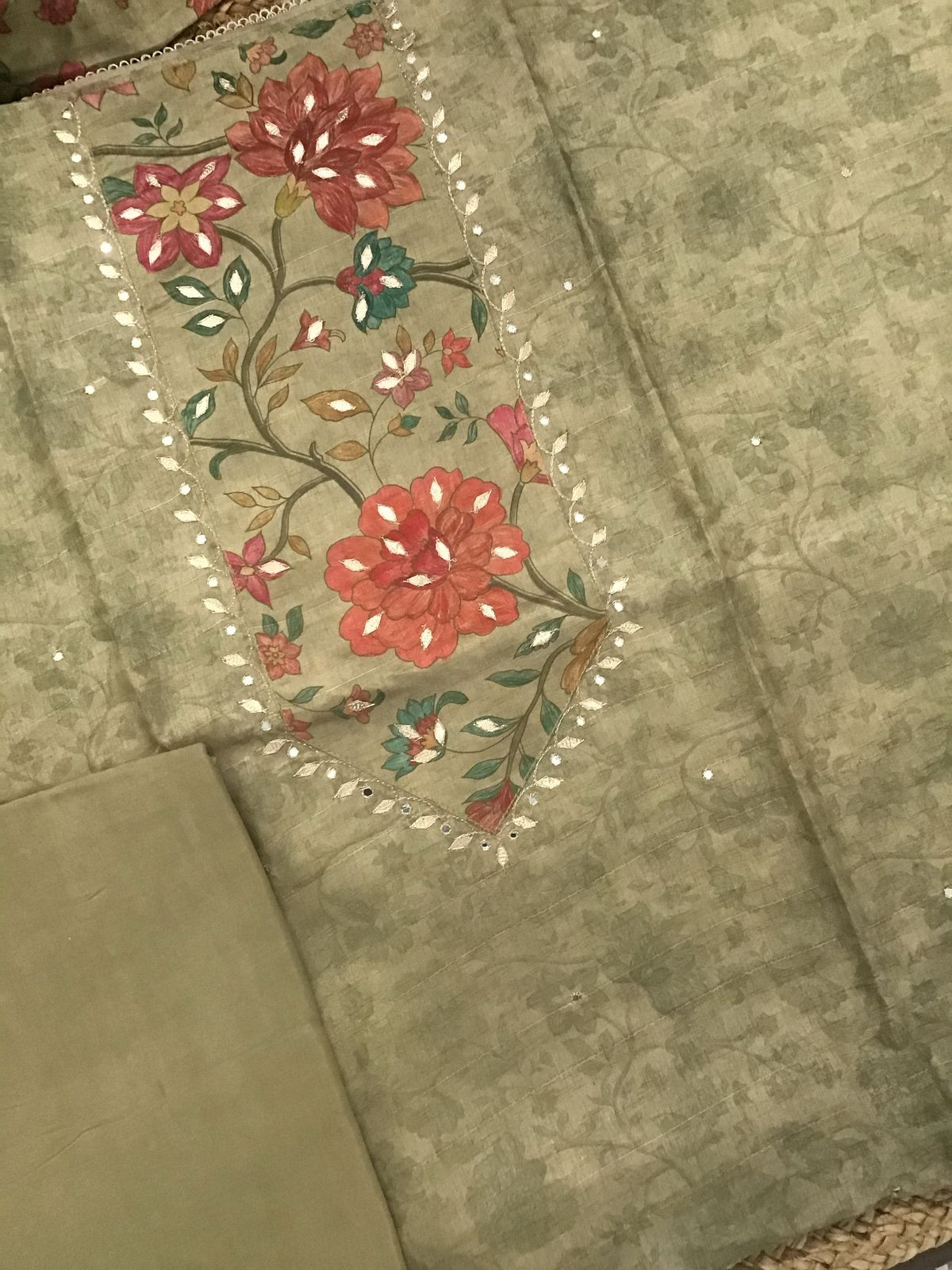 Soft Semi Tussar Silk Printed Embroidered Suit - Green