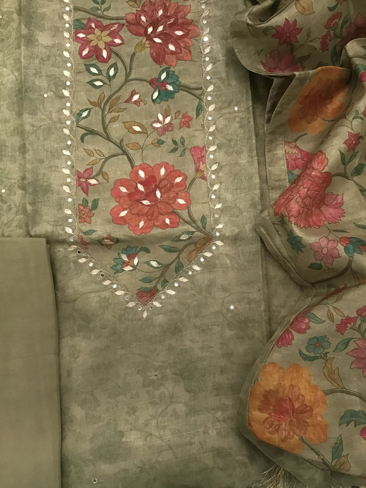 Soft Semi Tussar Silk Printed Embroidered Suit - Green