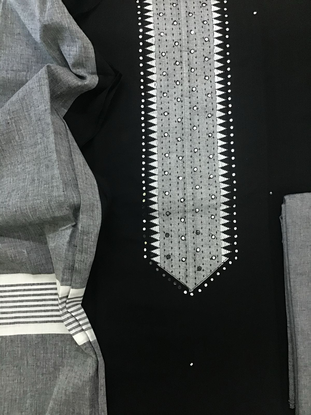 Pure Handloom Cotton Embroidered Suit - Black