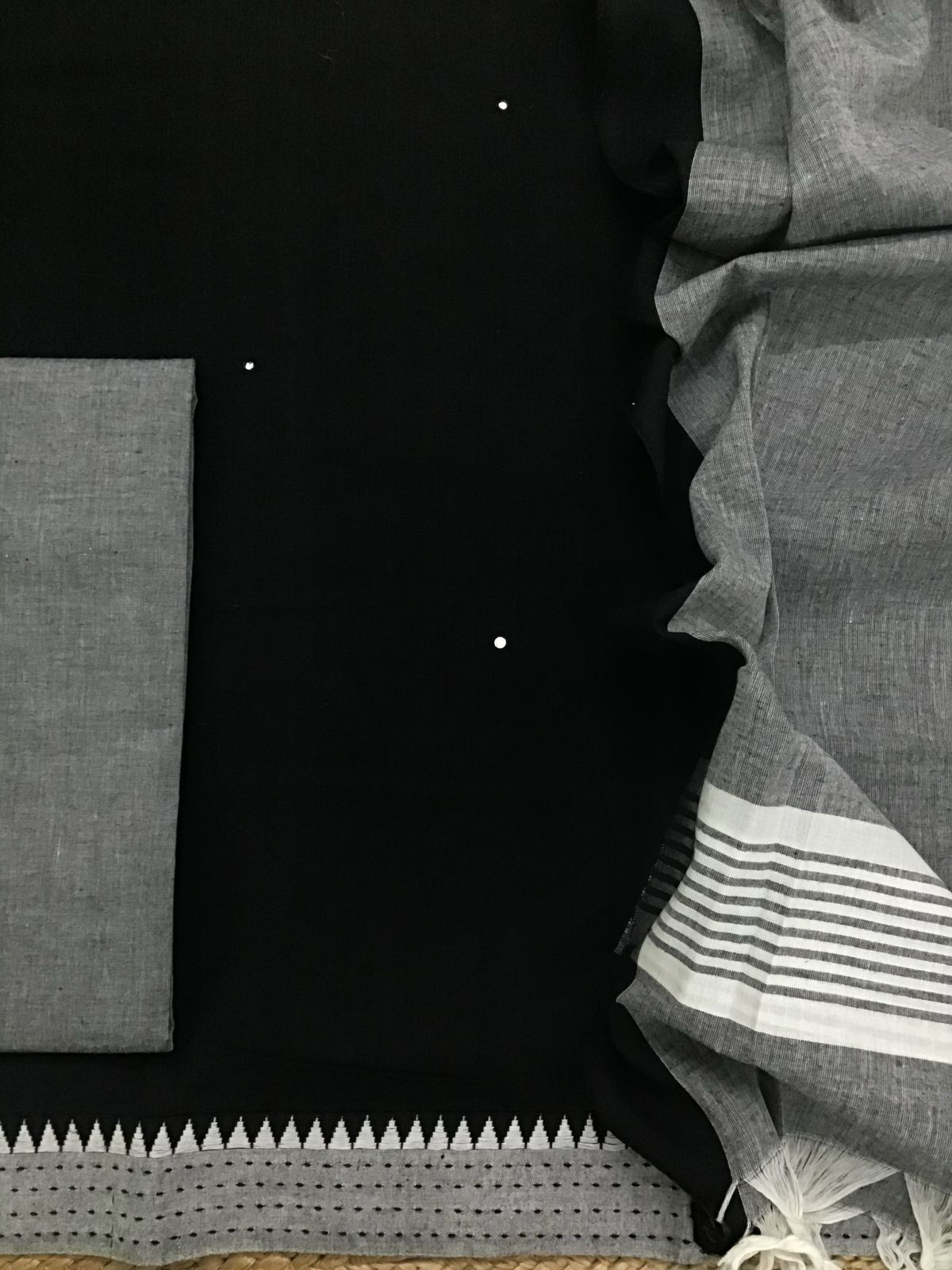 Pure Handloom Cotton Embroidered Suit - Black