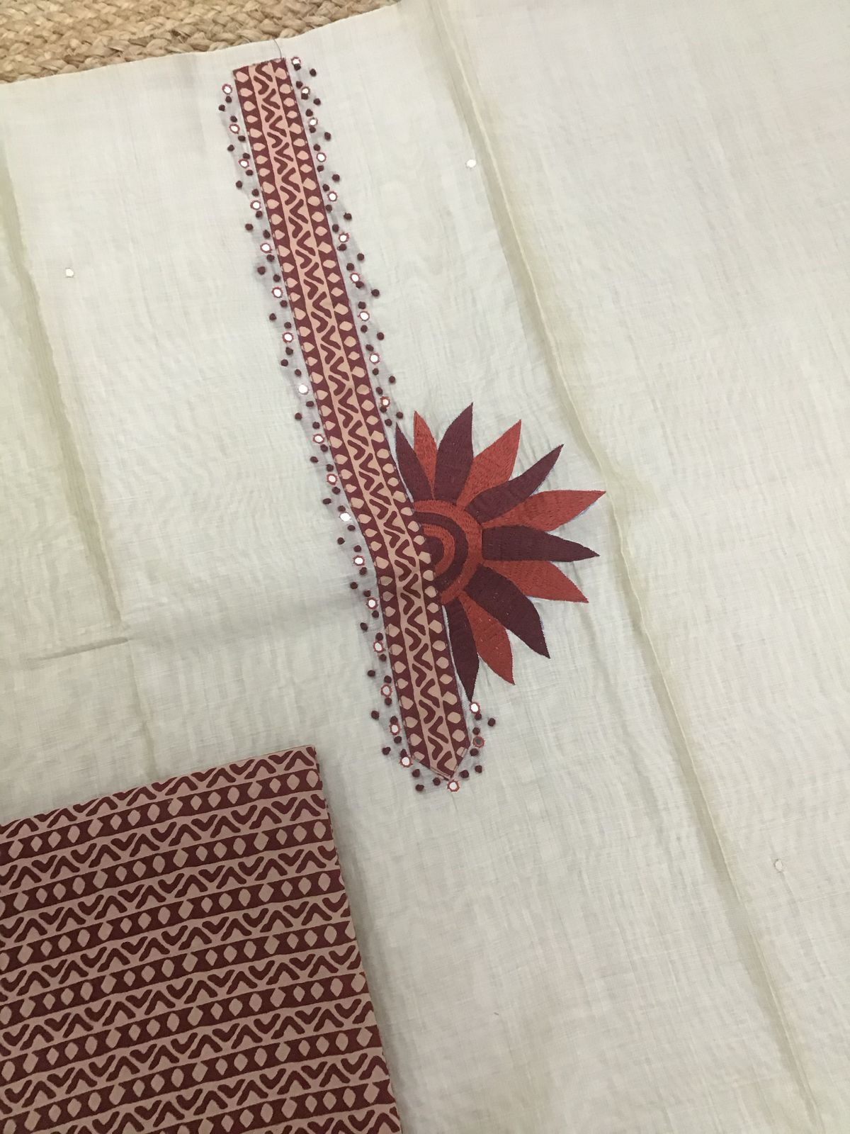 Soft Slub Chanderi Printed Embroidered Suit - Beige