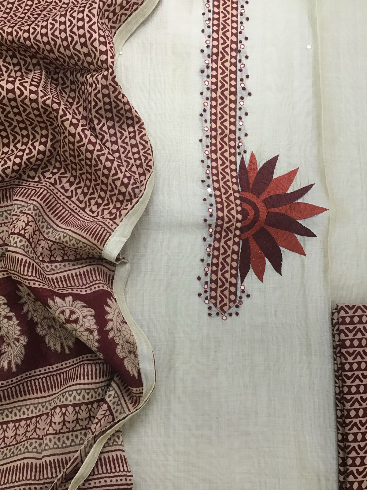 Soft Slub Chanderi Printed Embroidered Suit - Beige