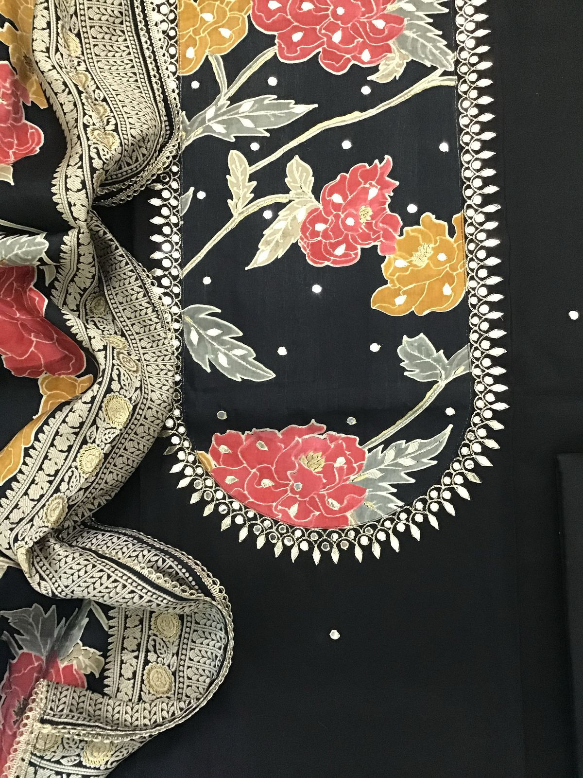 Pure Muslin Printed Embroidered Suit - Black