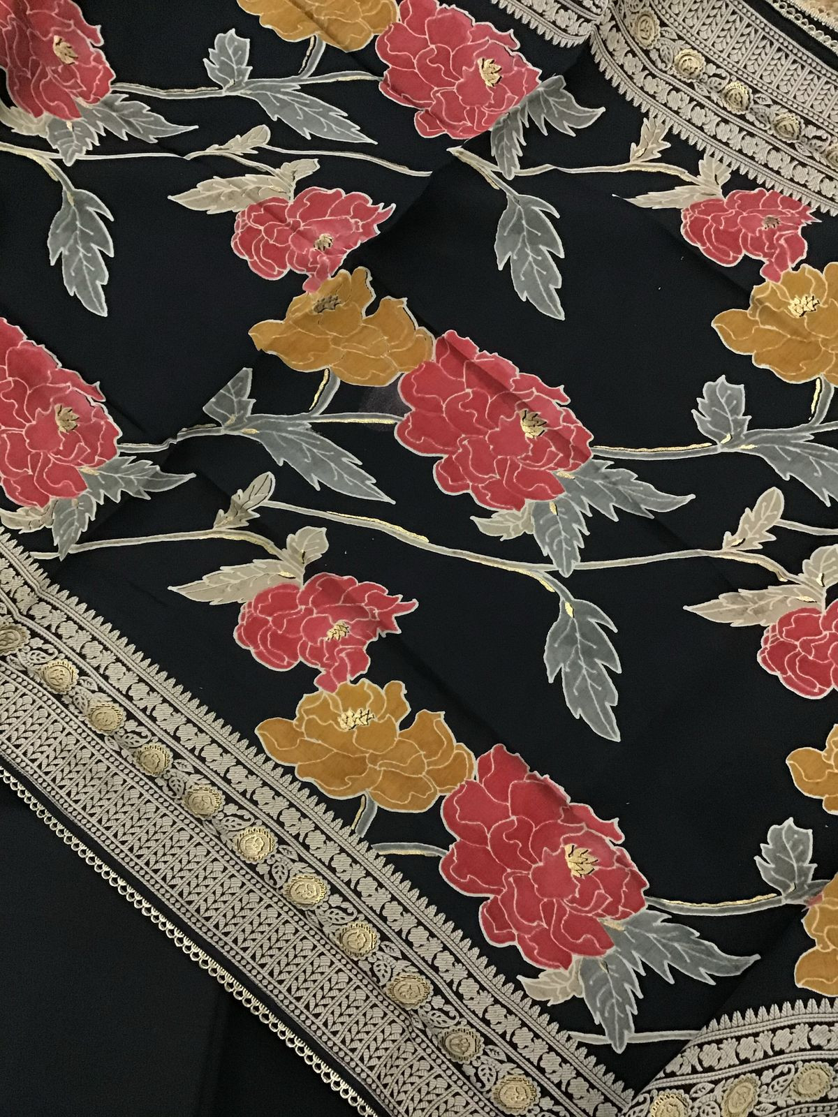 Pure Muslin Printed Embroidered Suit - Black