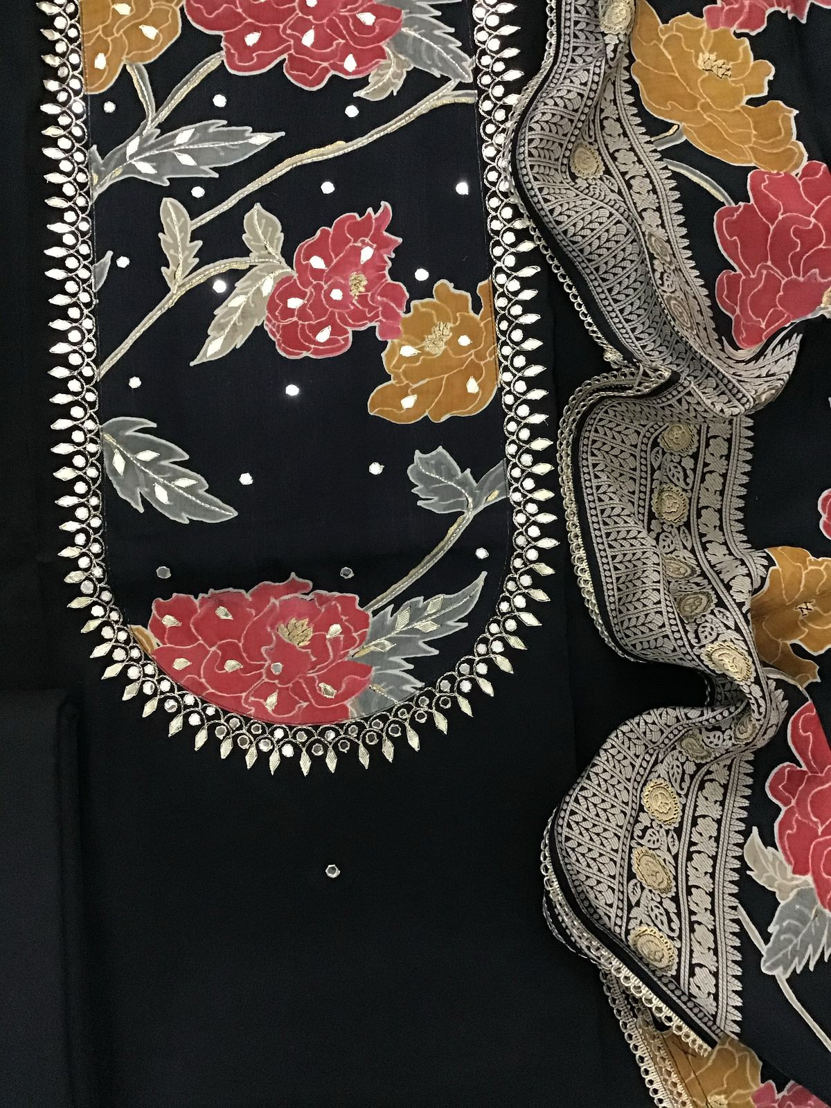 Pure Muslin Printed Embroidered Suit - Black