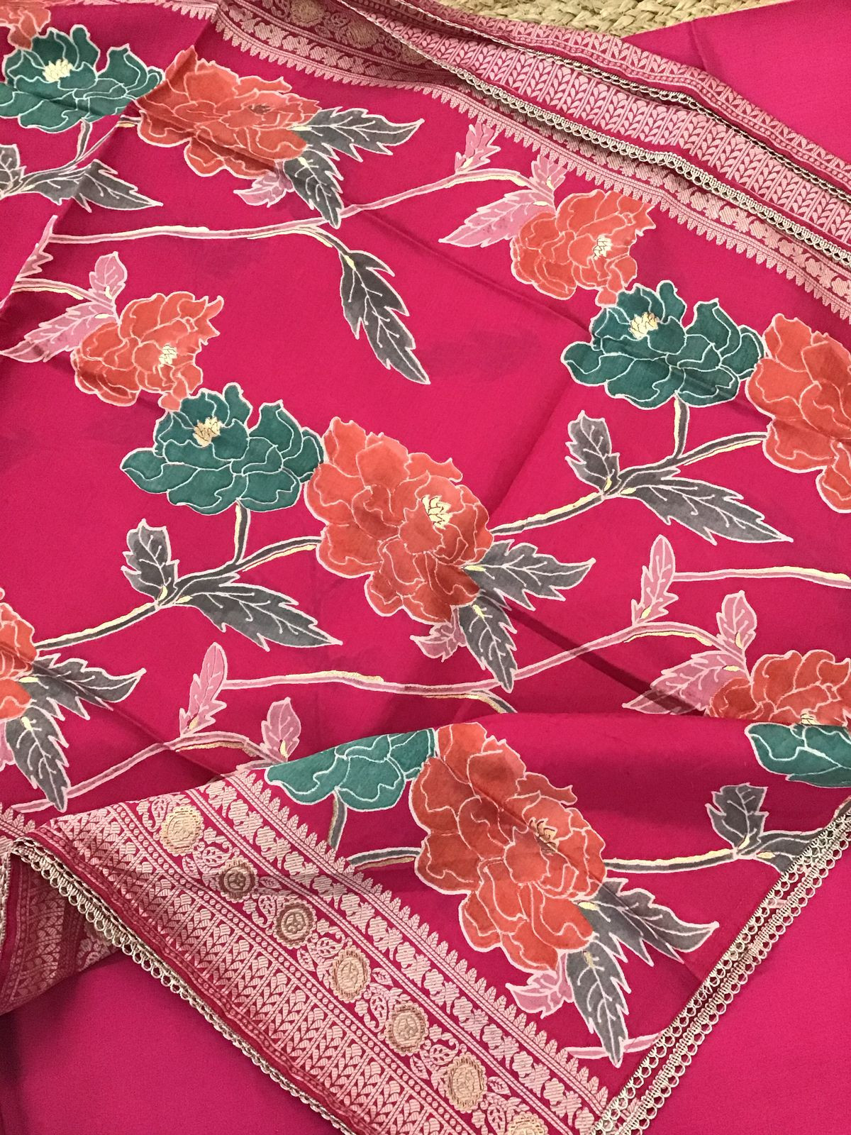 Pure Muslin Printed Embroidered Suit - Pink
