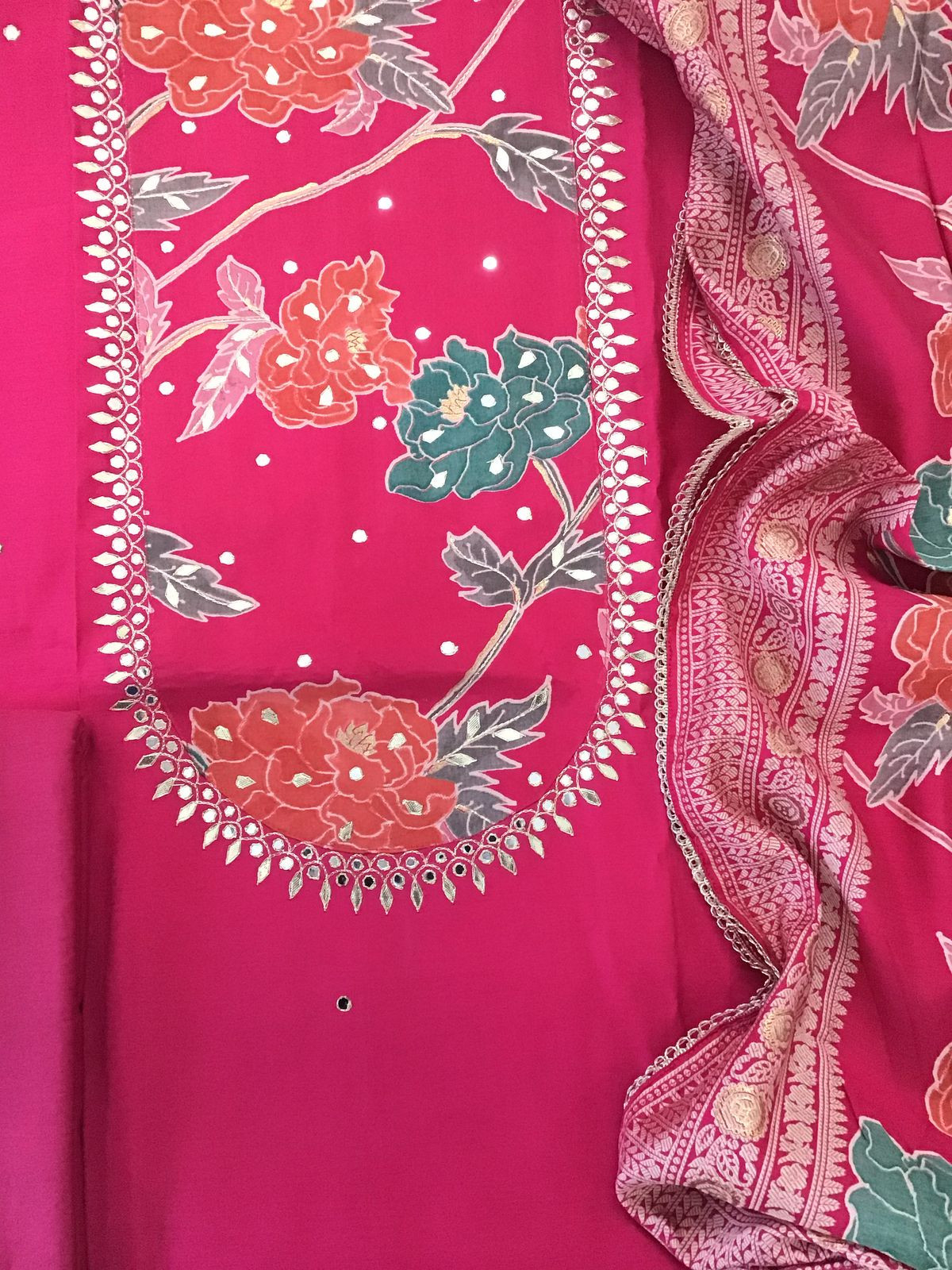 Pure Muslin Printed Embroidered Suit - Pink