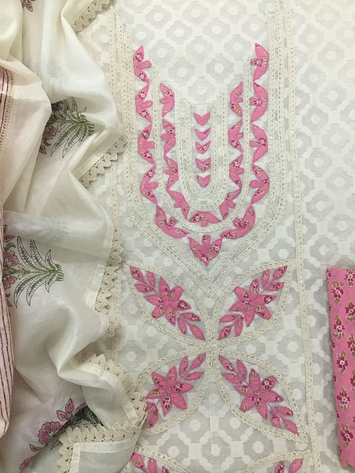 Pure Chanderi Printed Embroidered Self Weaved Suit - Offwhite