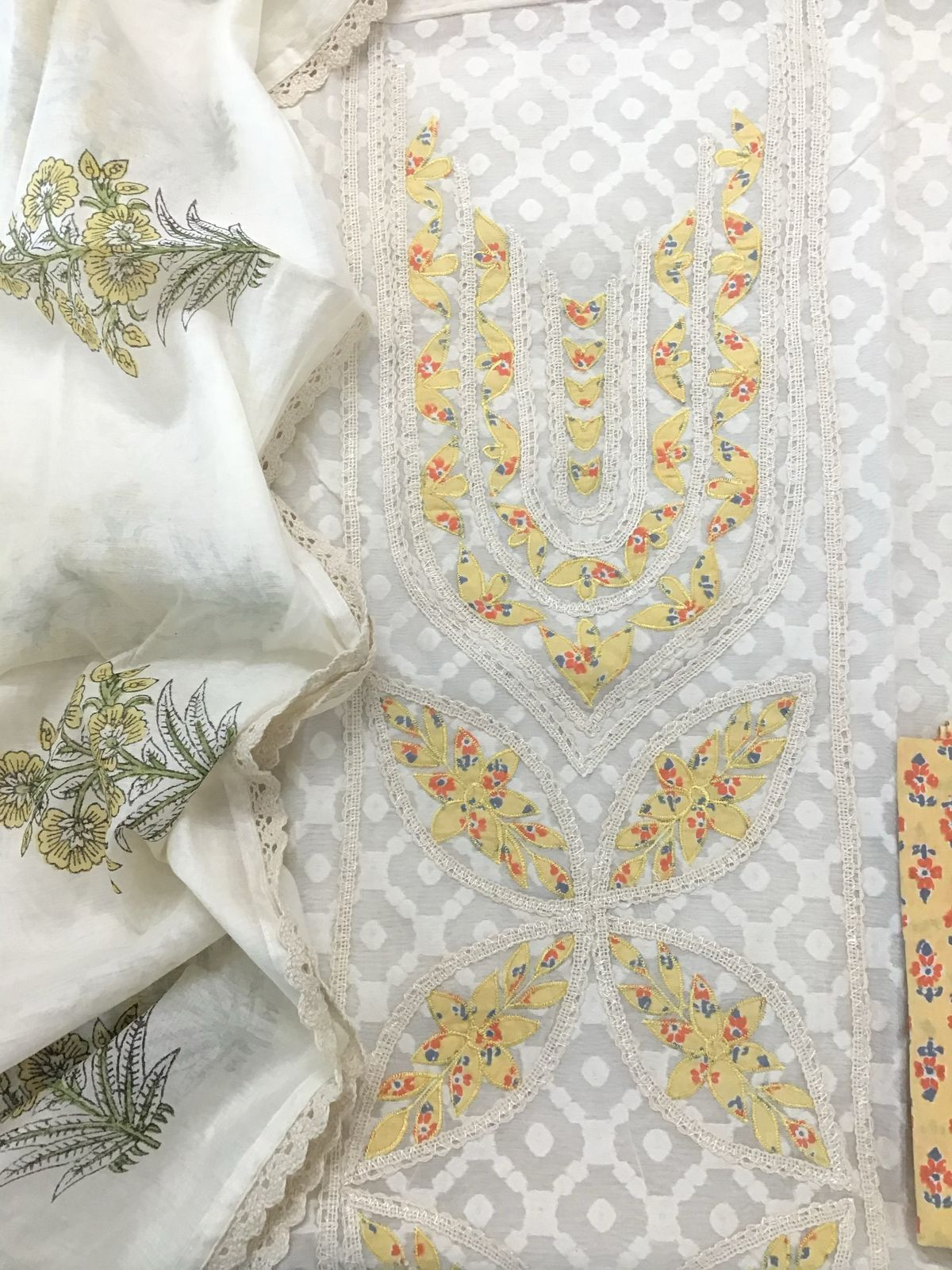 Pure Chanderi Printed Embroidered Self Weaved Suit - Offwhite