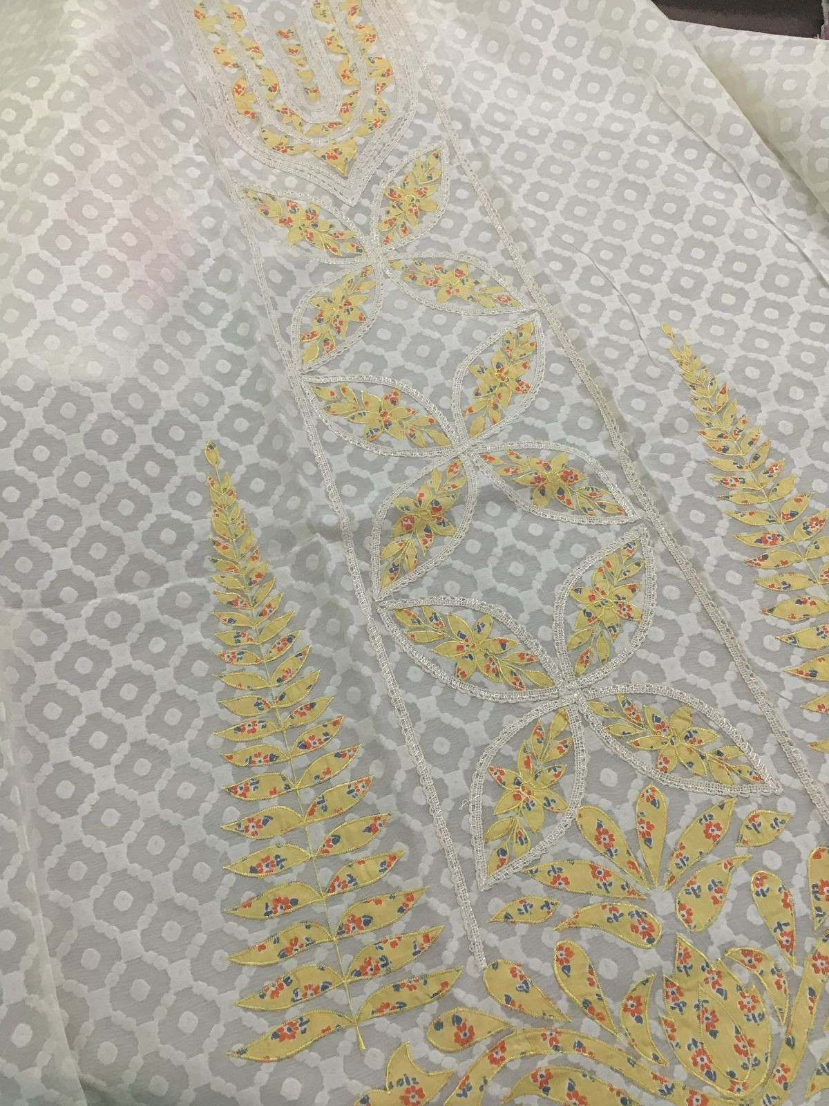 Pure Chanderi Printed Embroidered Self Weaved Suit - Offwhite