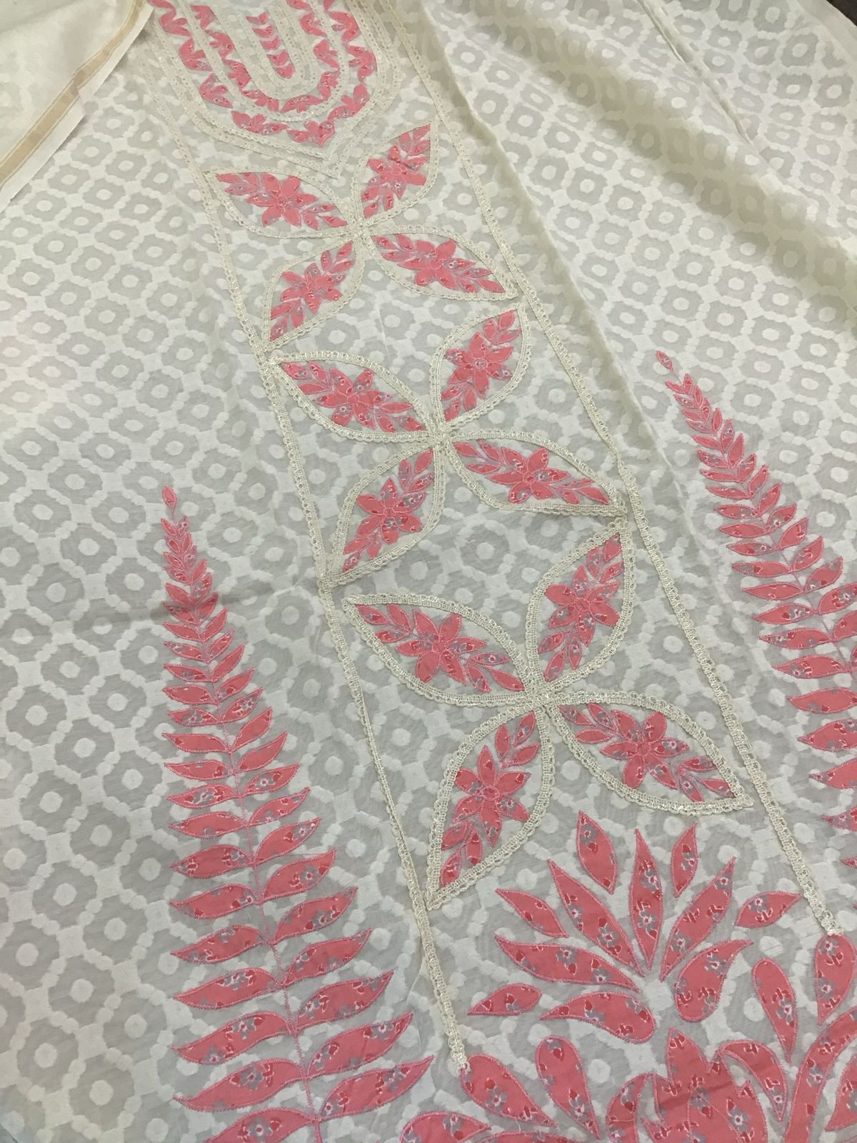 Pure Chanderi Printed Embroidered Self Weaved Suit - Offwhite