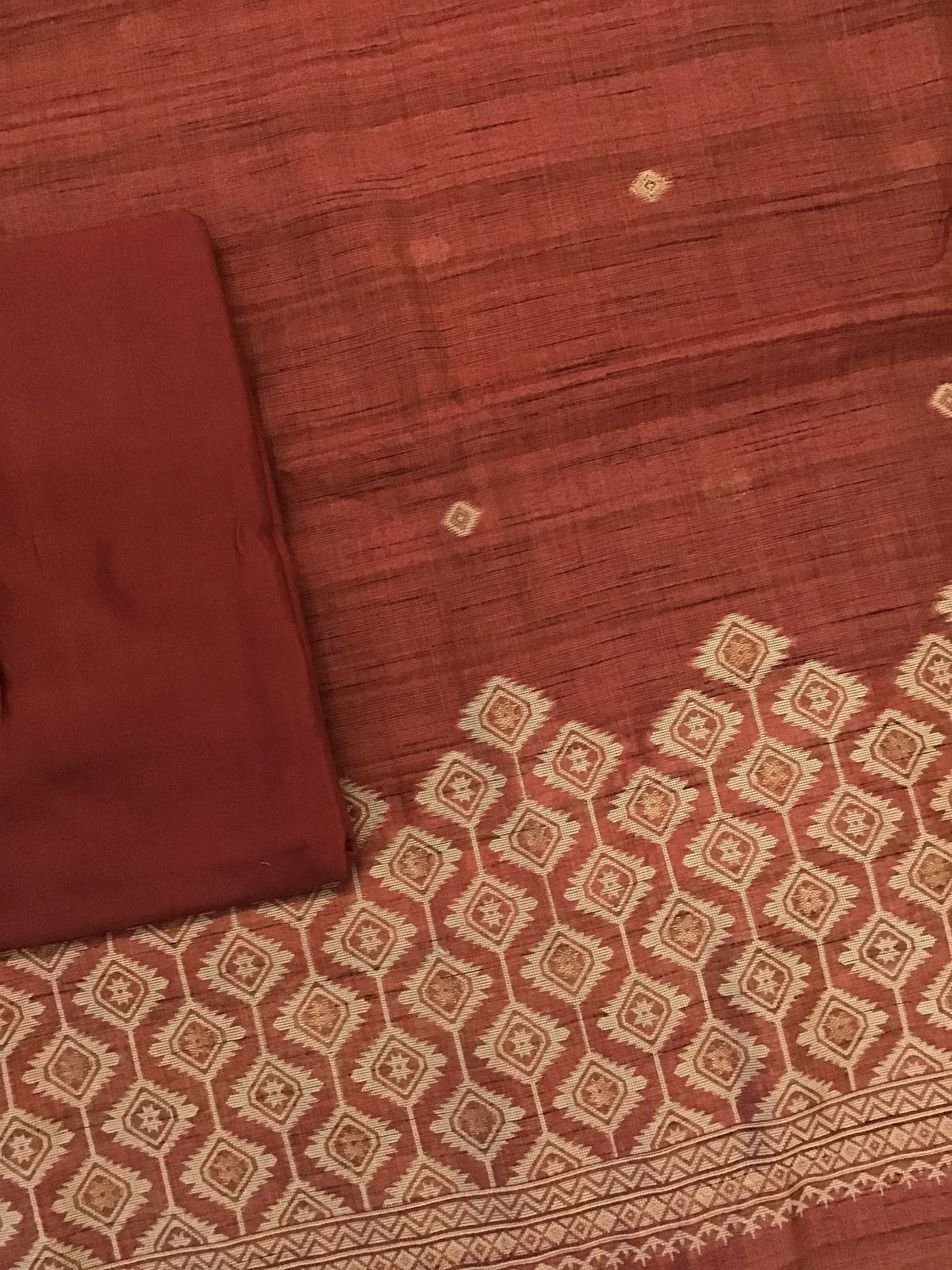 Soft Khadi Chanderi Jamdani Weaved Suit - Dark Brick Red