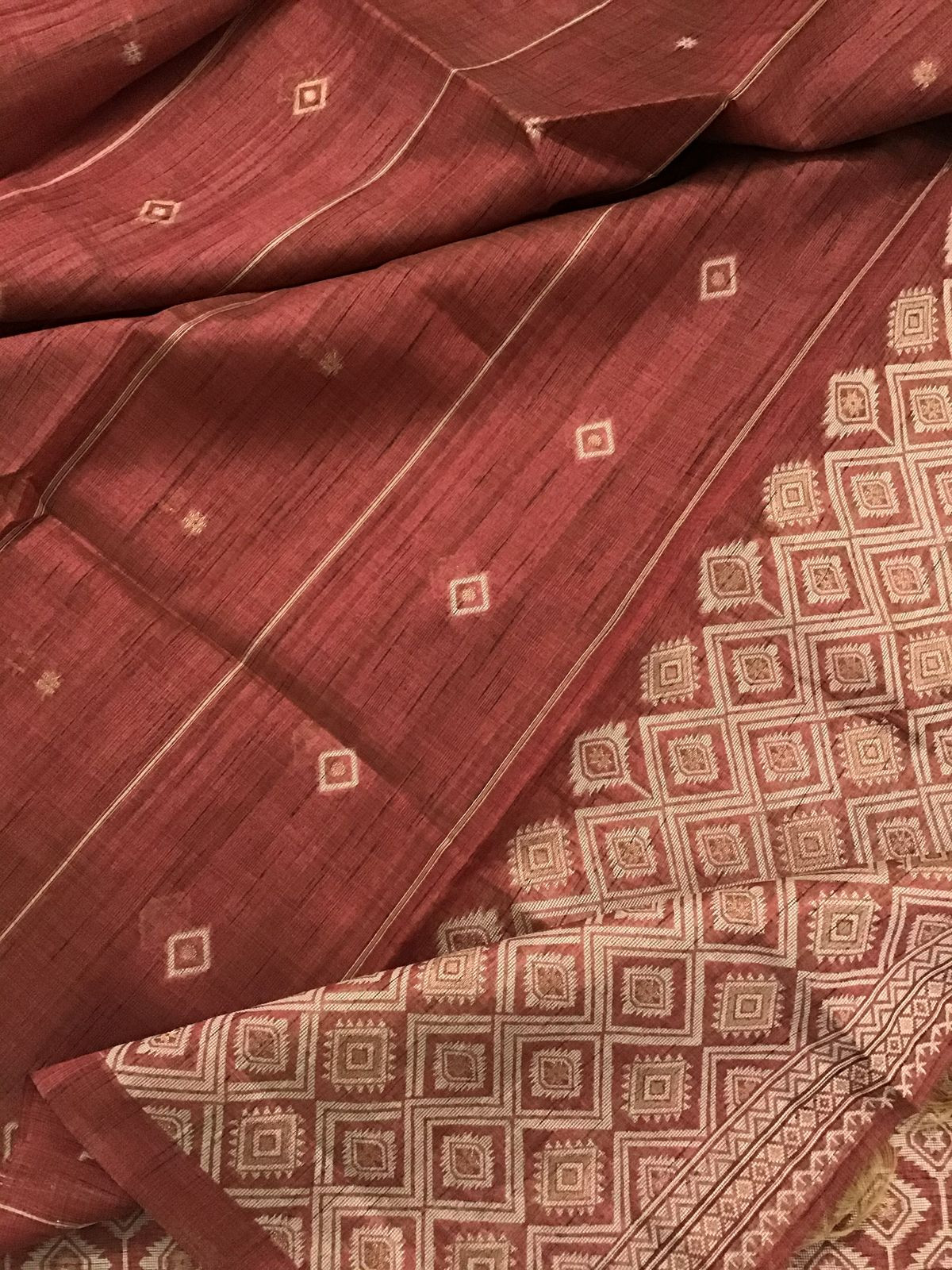 Soft Khadi Chanderi Jamdani Weaved Suit - Dark Brick Red