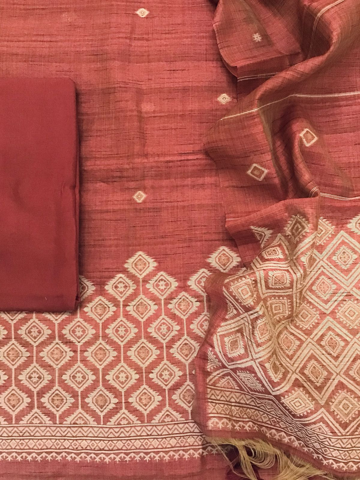 Soft Khadi Chanderi Jamdani Weaved Suit - Dark Brick Red