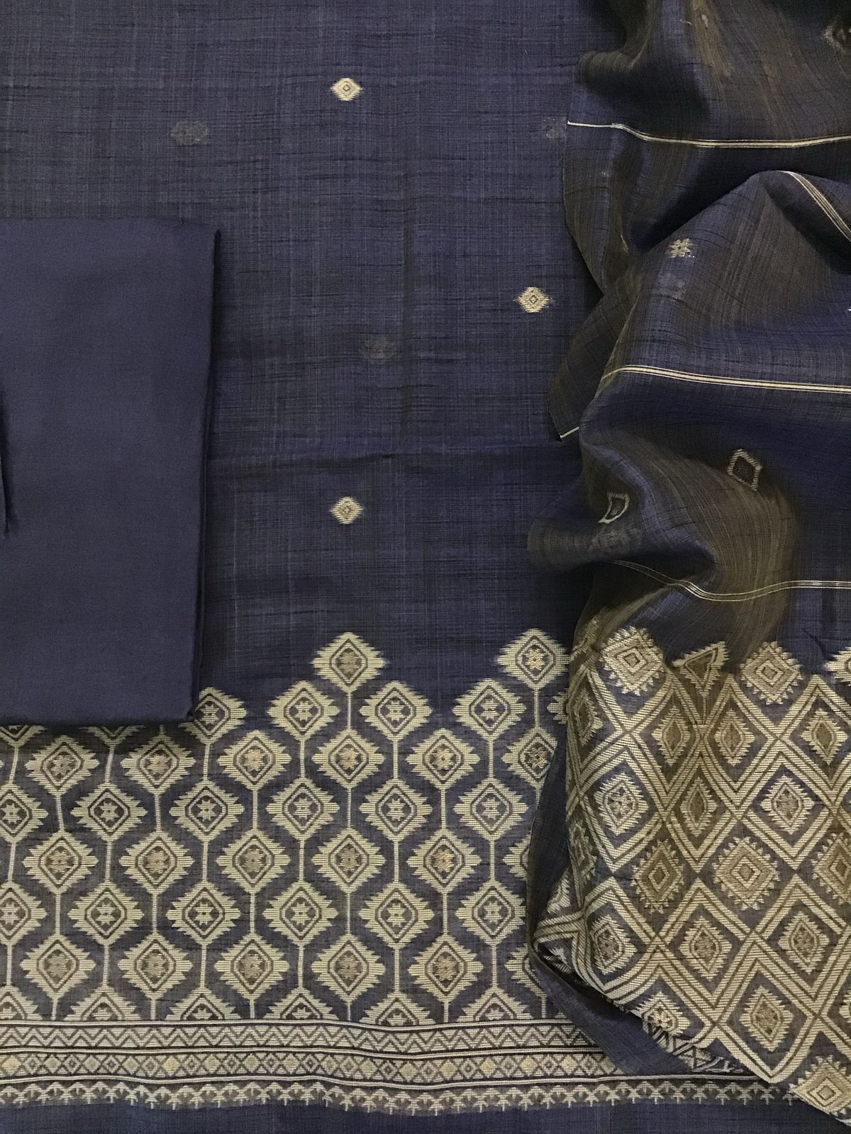 Soft Khadi Chanderi Jamdani Weaved Suit - Purplish Blue