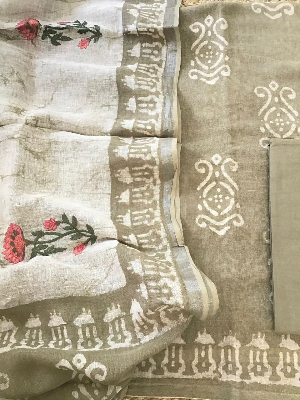 Pure Linen Jute Cotton Printed Embroidered Suit - Beige