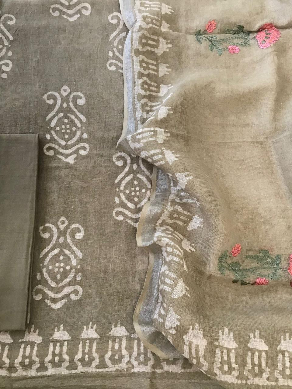 Pure Linen Jute Cotton Printed Embroidered Suit - Beige