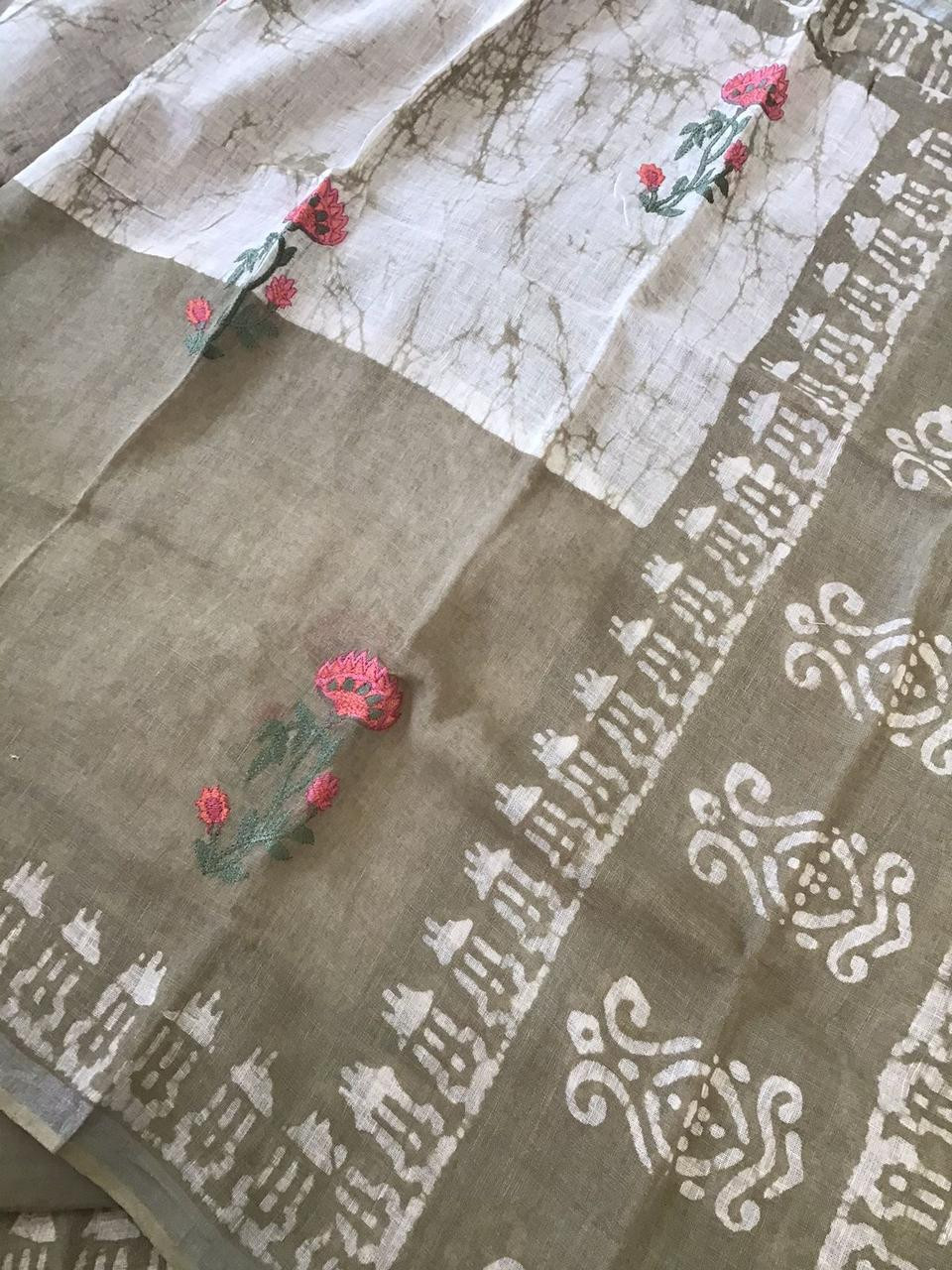 Pure Linen Jute Cotton Printed Embroidered Suit - Beige