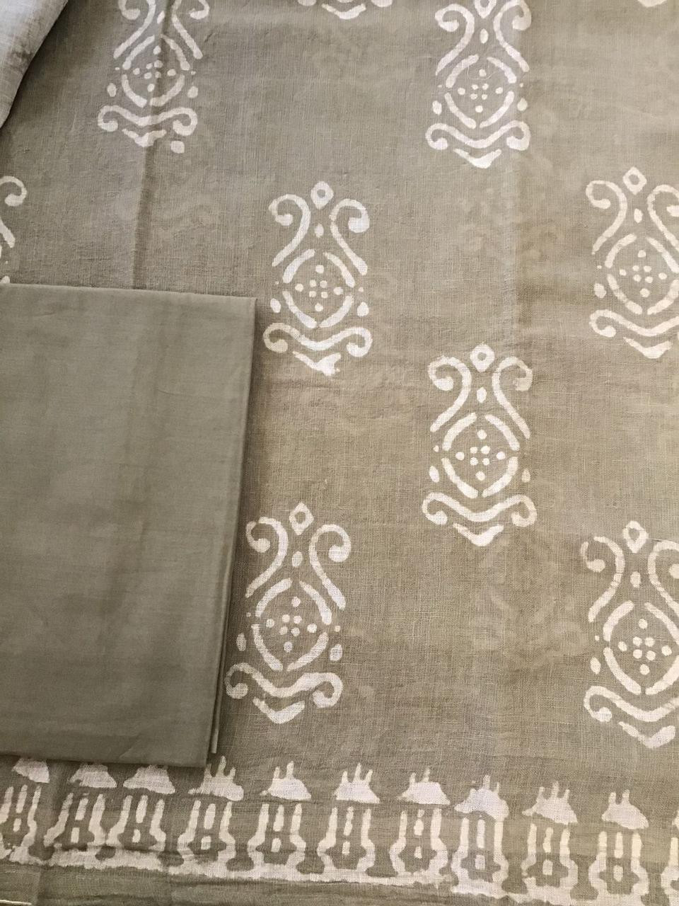 Pure Linen Jute Cotton Printed Embroidered Suit - Beige