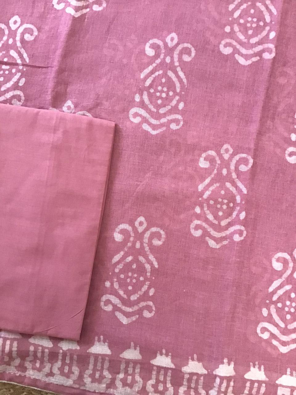 Pure Linen Jute Cotton Printed Embroidered Suit - Pink